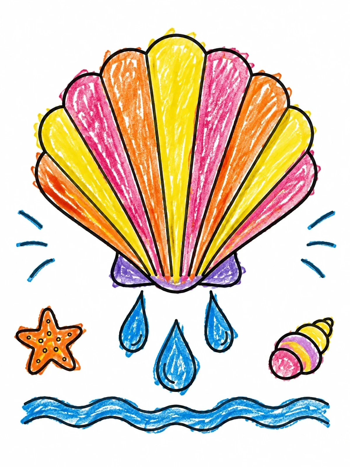 Colored example of the Baptism Shell With Water Drops coloring page