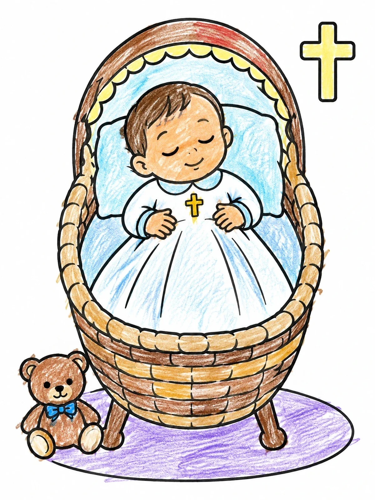 Colored example of the Sleeping Baby In Christening Bassinet coloring page
