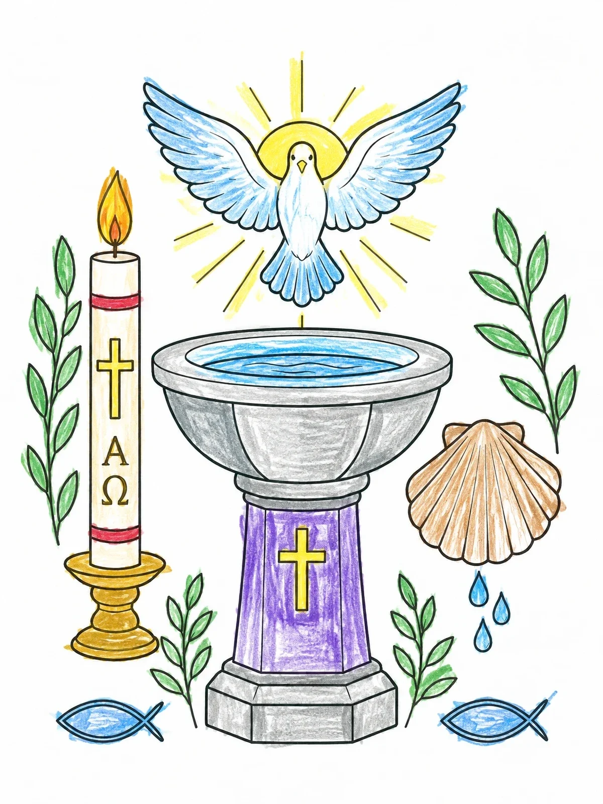 Colored example of the Baptismal Font And Holy Spirit Dove coloring page