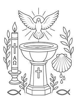 Christian baptism coloring page featuring a baptismal font, paschal candle, seashell, and Holy Spirit dove.
