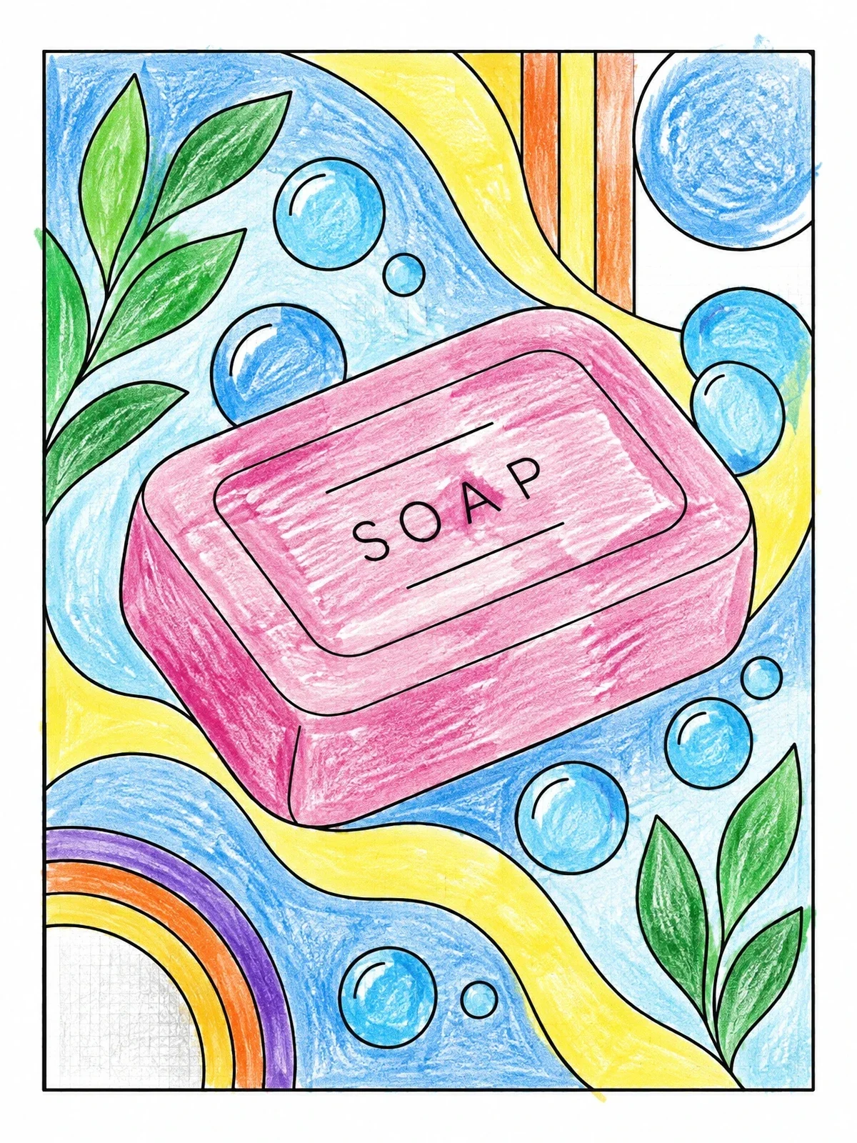 Colored example of the Bar Of Soap With Bubbles And Leaves coloring page