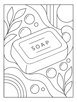 A decorative soap coloring page featuring a rectangular bar surrounded by bubbles and leaves.
