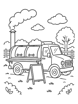 A barbecue smoker truck stands outdoors in this food coloring page.