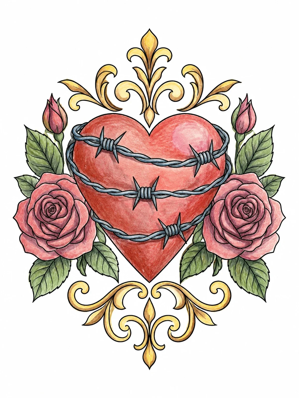 Colored example of the Barbed Wire Heart And Blooming Roses coloring page