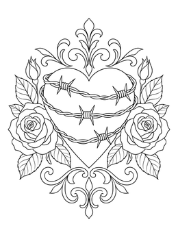 A barbed wire heart surrounded by blossoms in this rose tattoo coloring page.