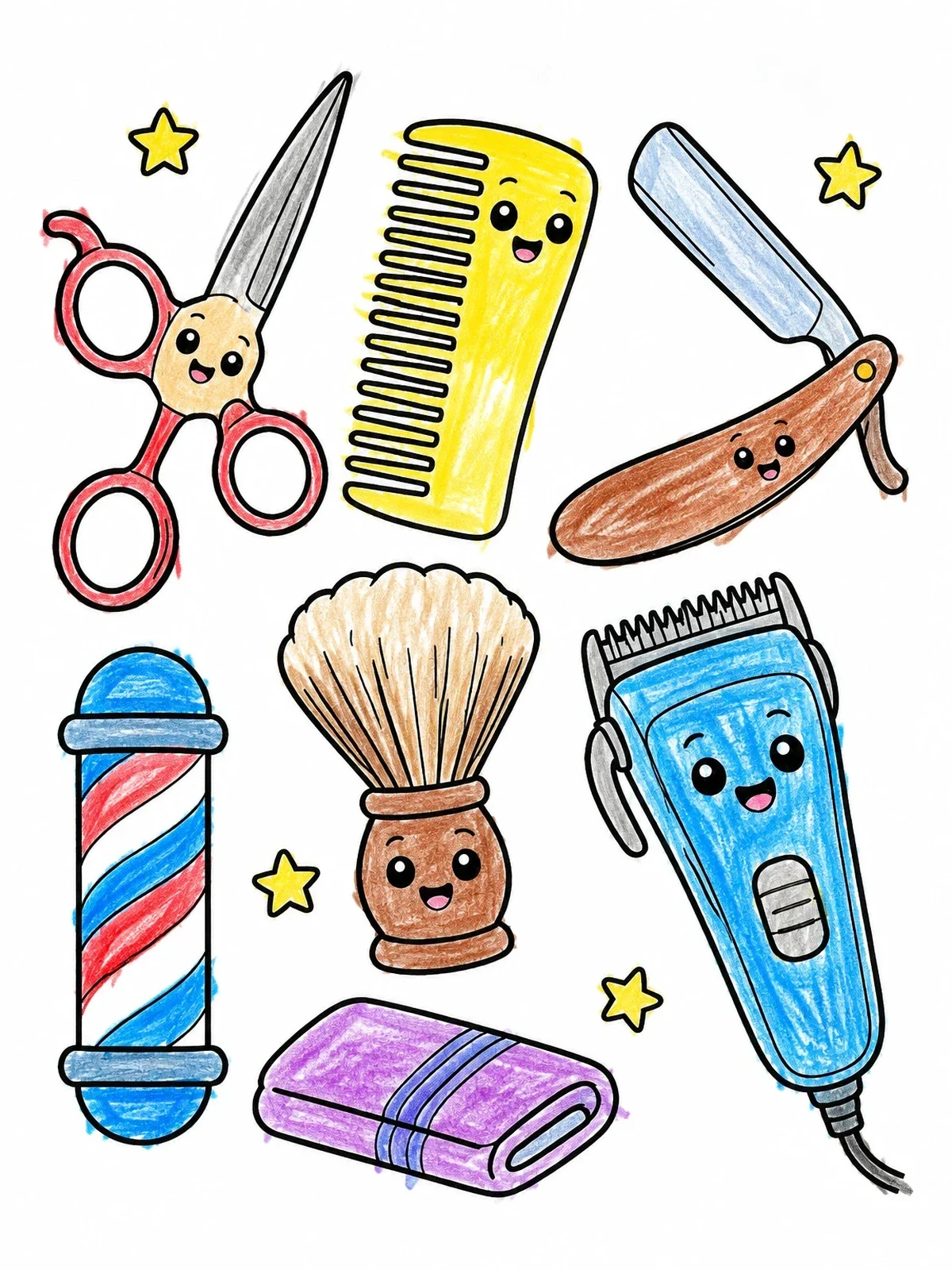Colored example of the Cute Haircutting Tools With Smiling Faces coloring page