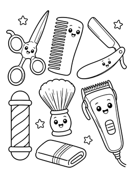 Free printable Cute Haircutting Tools With Smiling Faces coloring page