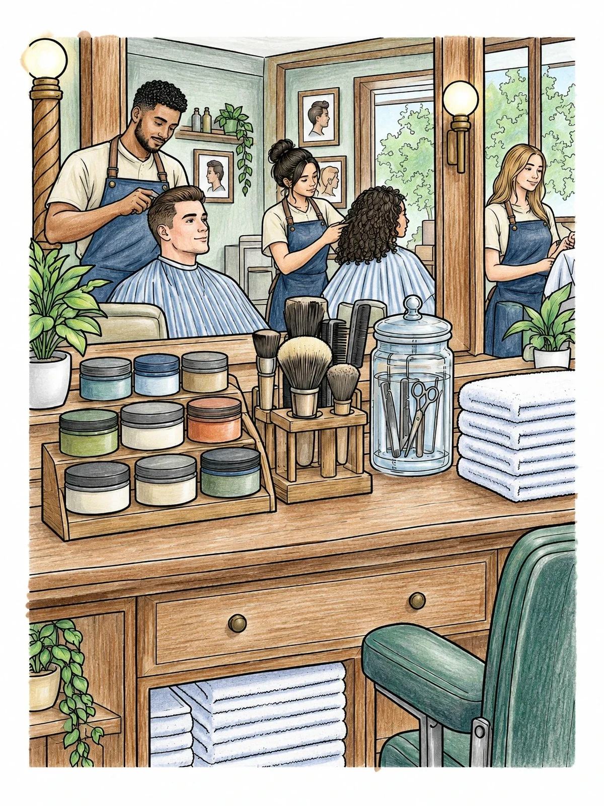 Colored example of the Busy Barbershop Counter And Salon View coloring page