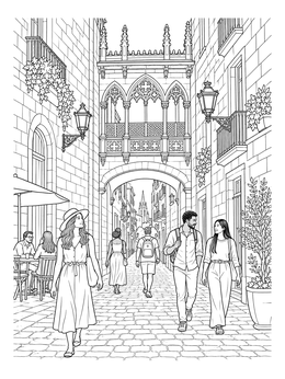 A detailed barcelona coloring page showing pedestrians strolling beneath the famous Bishop Bridge.