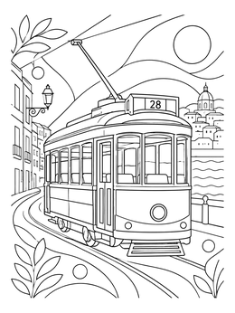 A vintage streetcar rides on rails in this barcelona coloring page.