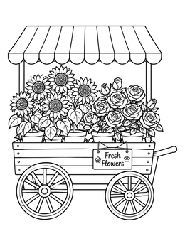 Free printable Las Ramblas Flower Seller Cart coloring page
