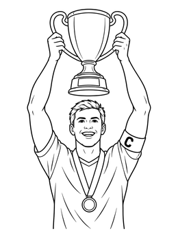 A smiling soccer captain holding a victory cup in this barcelona coloring page.
