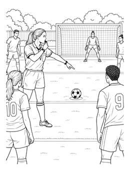 A soccer match scene on this barcelona coloring page features a referee pointing toward the penalty spot.