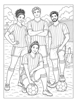 A group of soccer players posing outdoors in this barcelona coloring page.