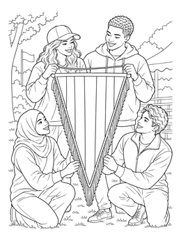 A group of cheerful young fans holding a large banner in this barcelona coloring page.