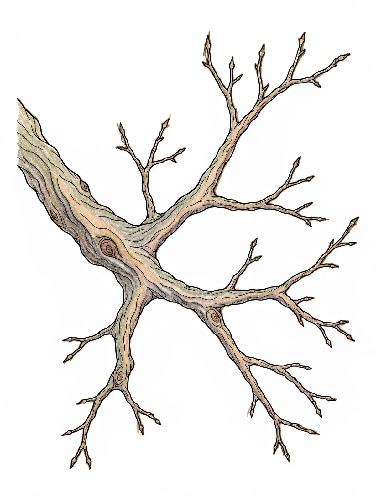 Colored example of the Bare Winter Tree Branch With Twigs coloring page