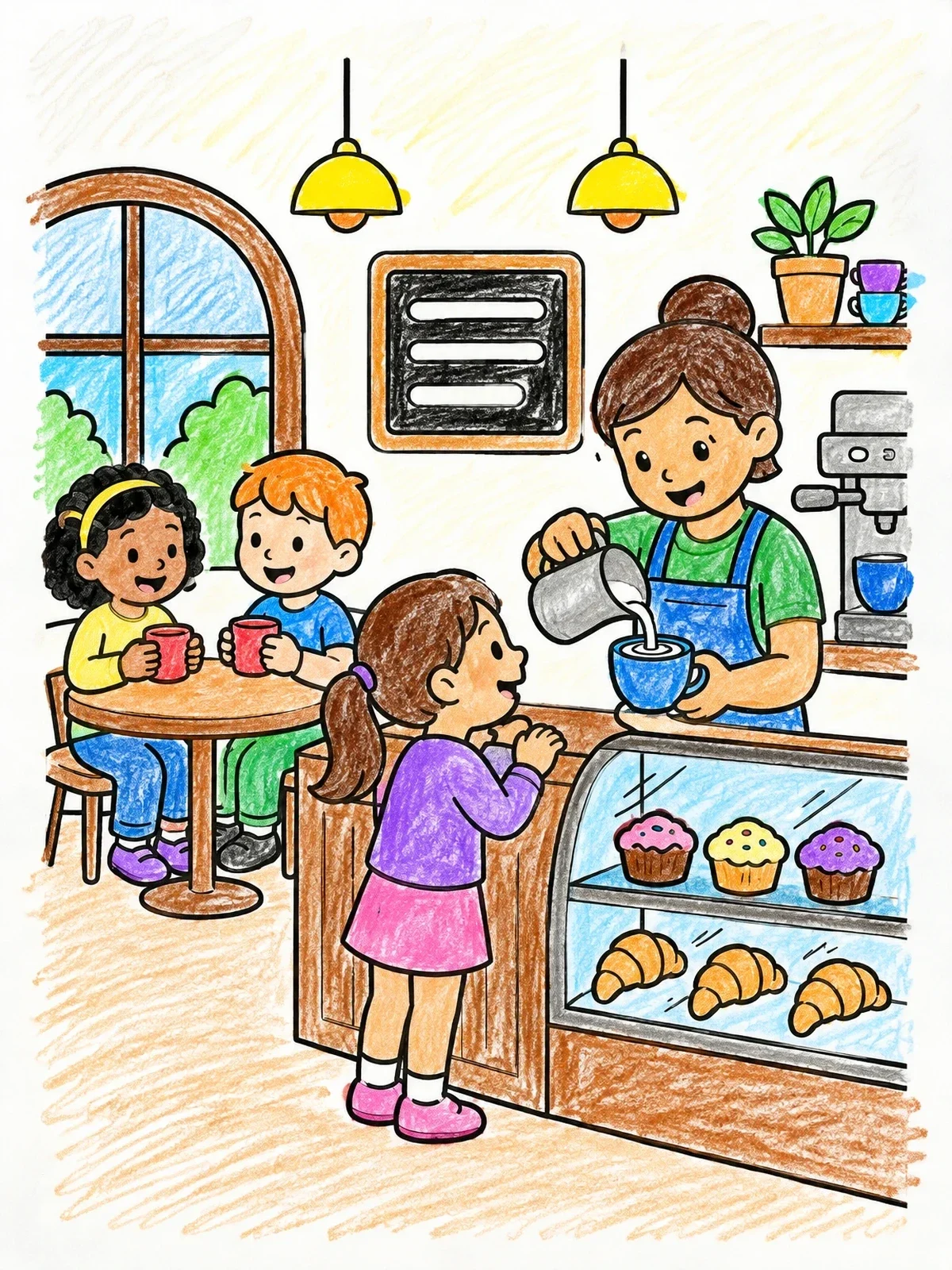 Colored example of the Barista Pouring Milk At The Cafe Counter coloring page