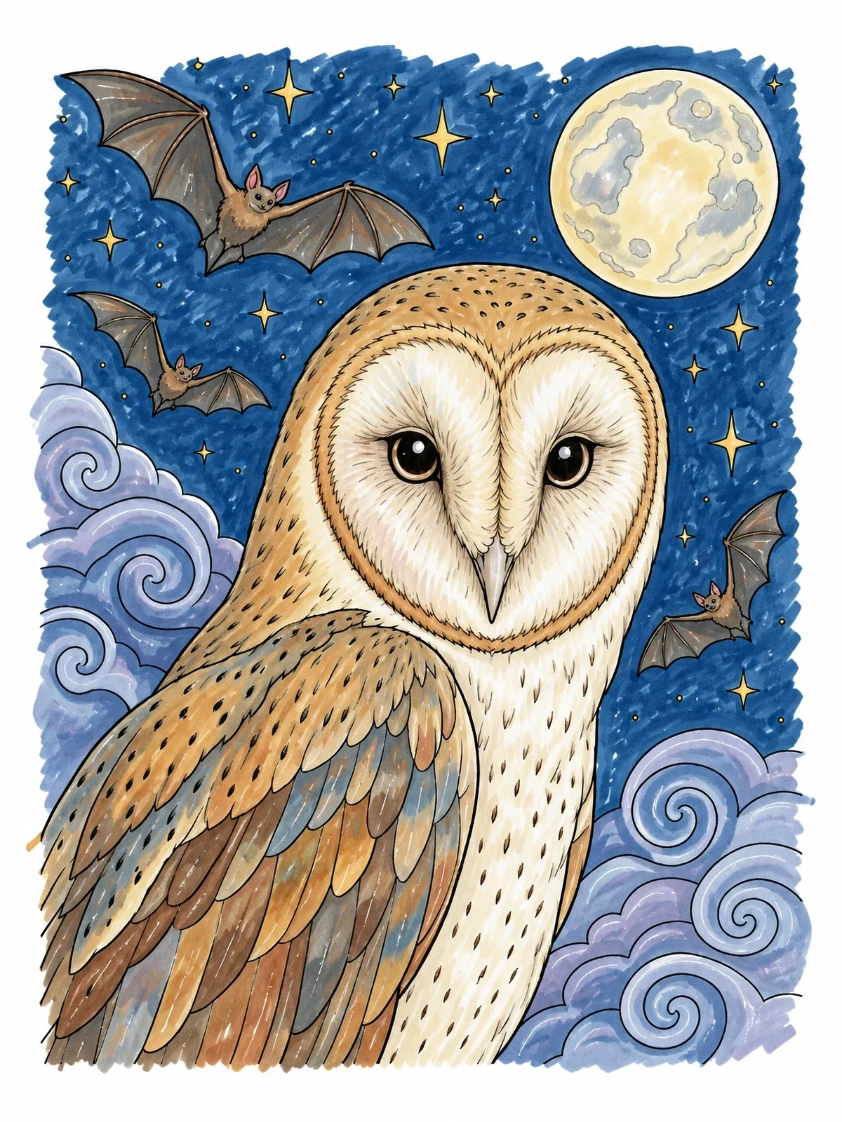 Colored example of the Barn Owl Under The Full Moon coloring page