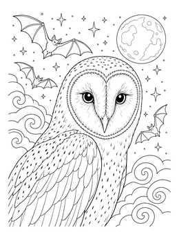 Detailed barn owl halloween coloring page with bats, stars, and moon.
