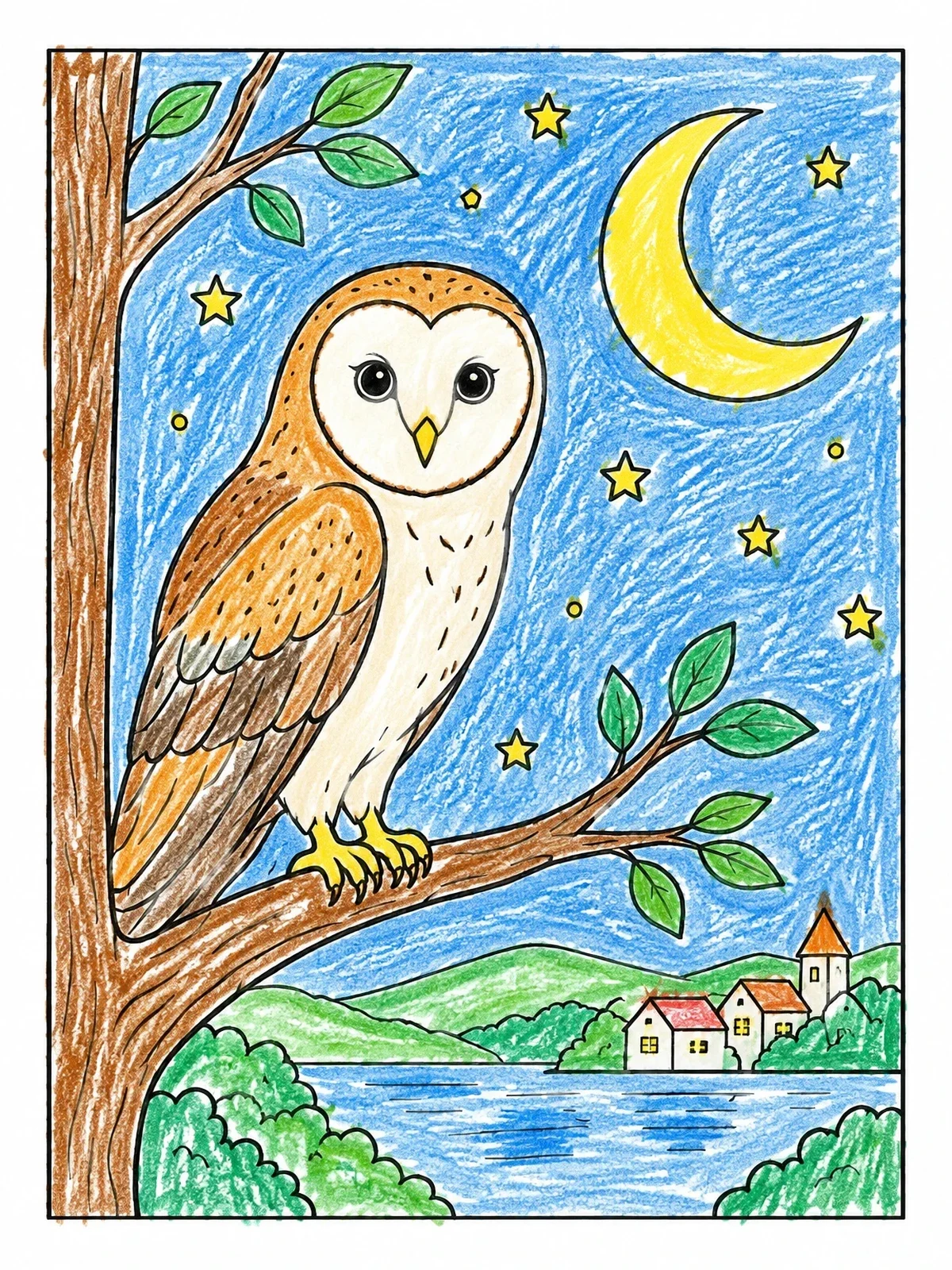 Colored example of the Barn Owl Under Crescent Moon coloring page