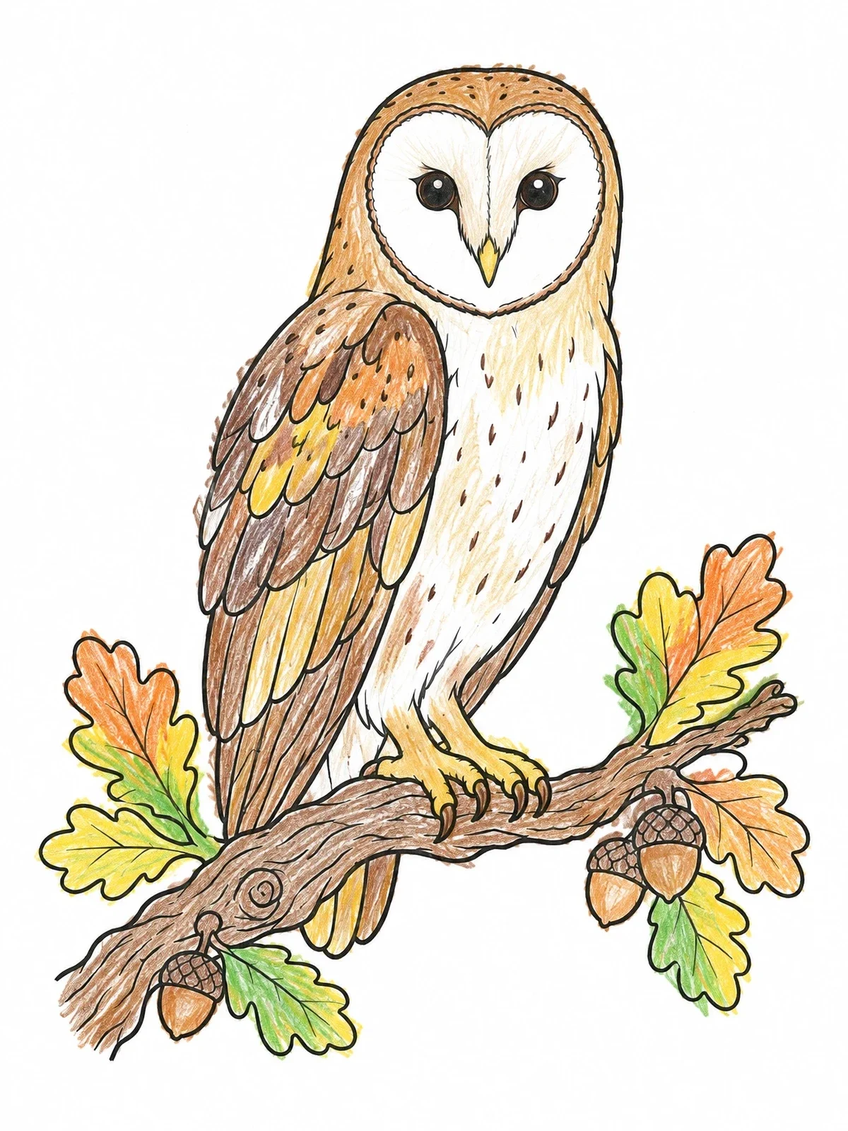 Colored example of the Barn Owl On Oak Branch coloring page