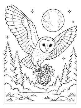 A barn owl carrying rowan berries through a moonlit forest on this samhain coloring page.