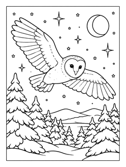 Free printable Barn Owl Flying Over Winter Forest coloring page