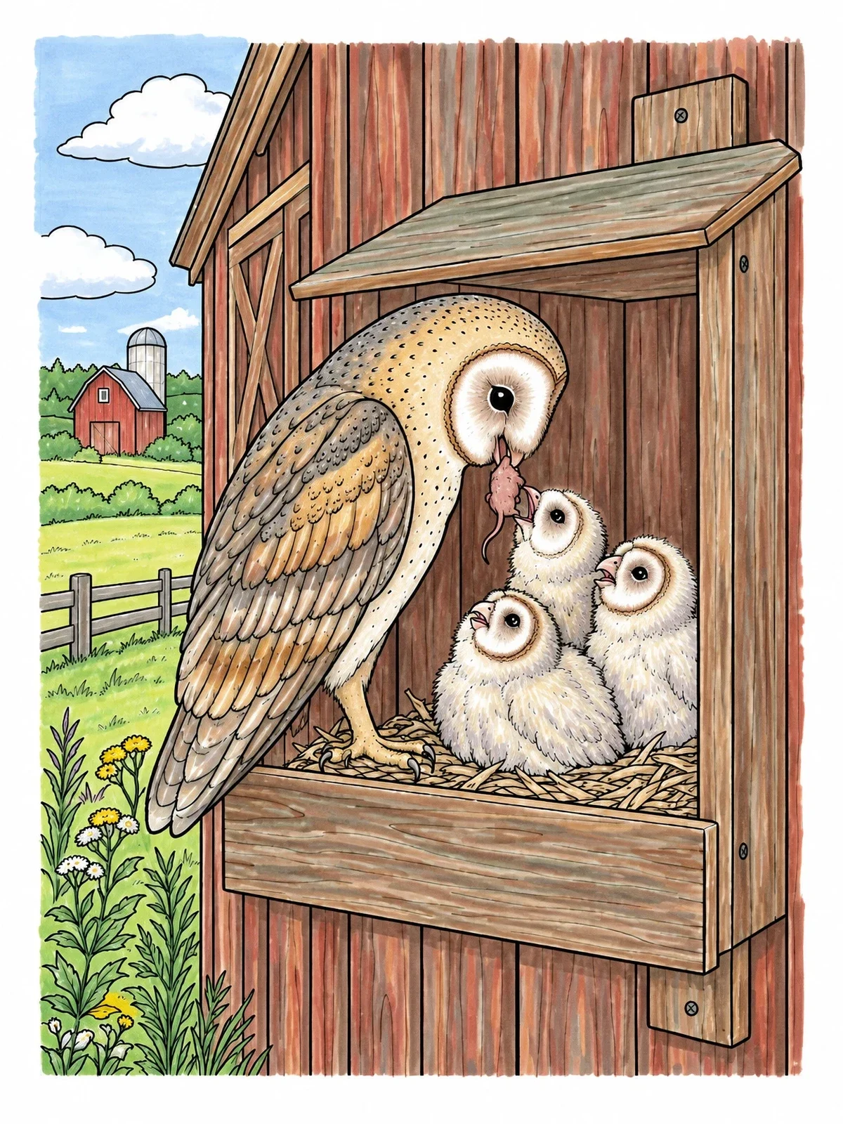 Colored example of the Barn Owl Feeding Chicks Nest Box coloring page