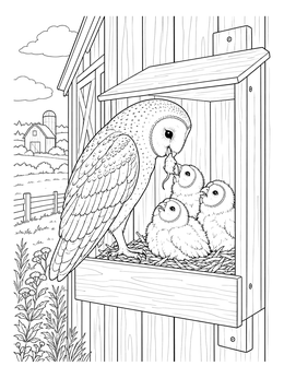 A barn owl feeds its chicks in a nest box in this barns coloring page.