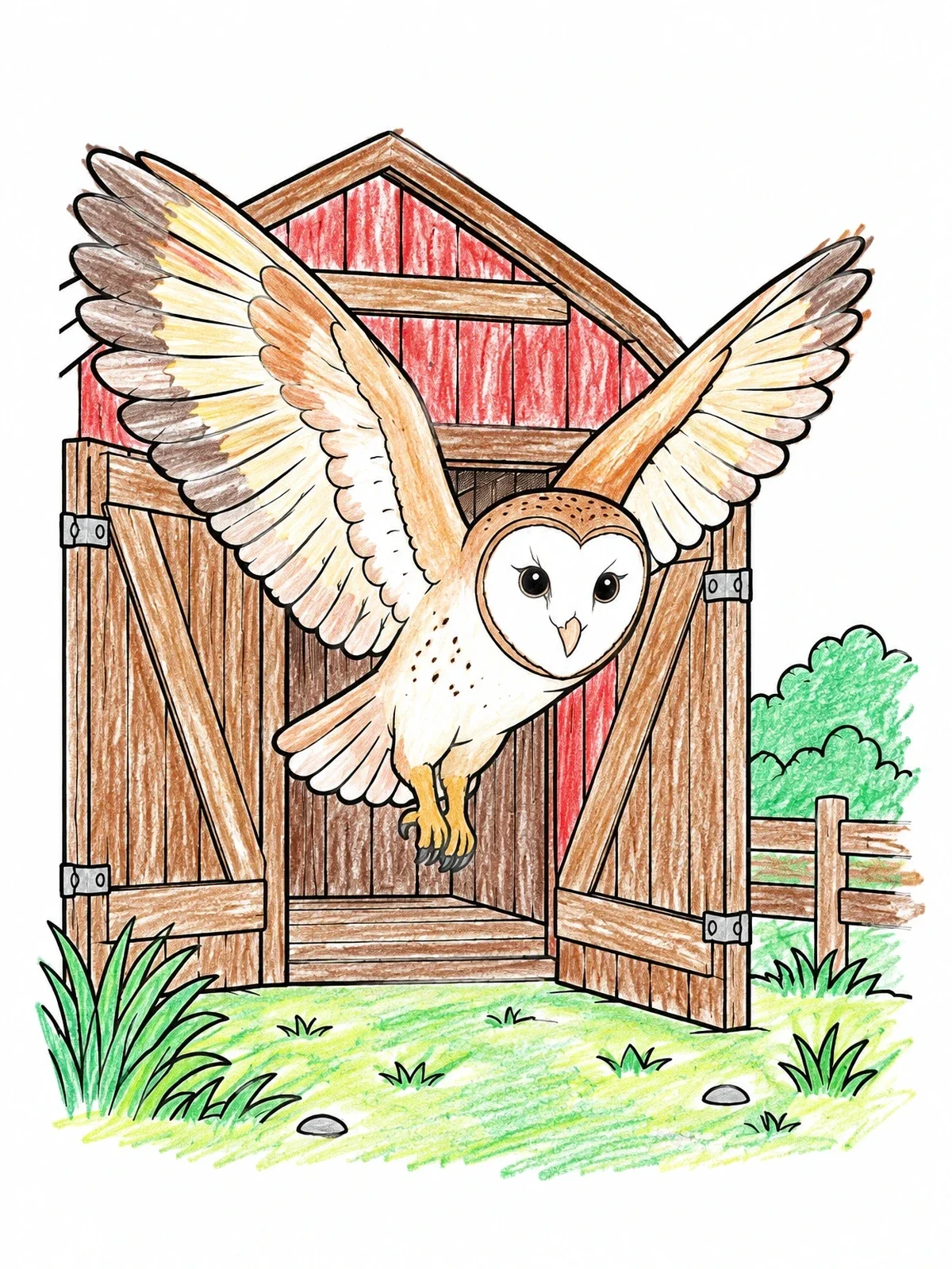 Colored example of the Barn Owl Flying From Barn Doors coloring page
