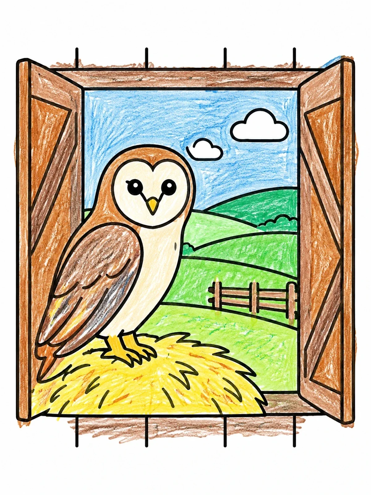 Colored example of the Barn Owl At The Loft Window coloring page