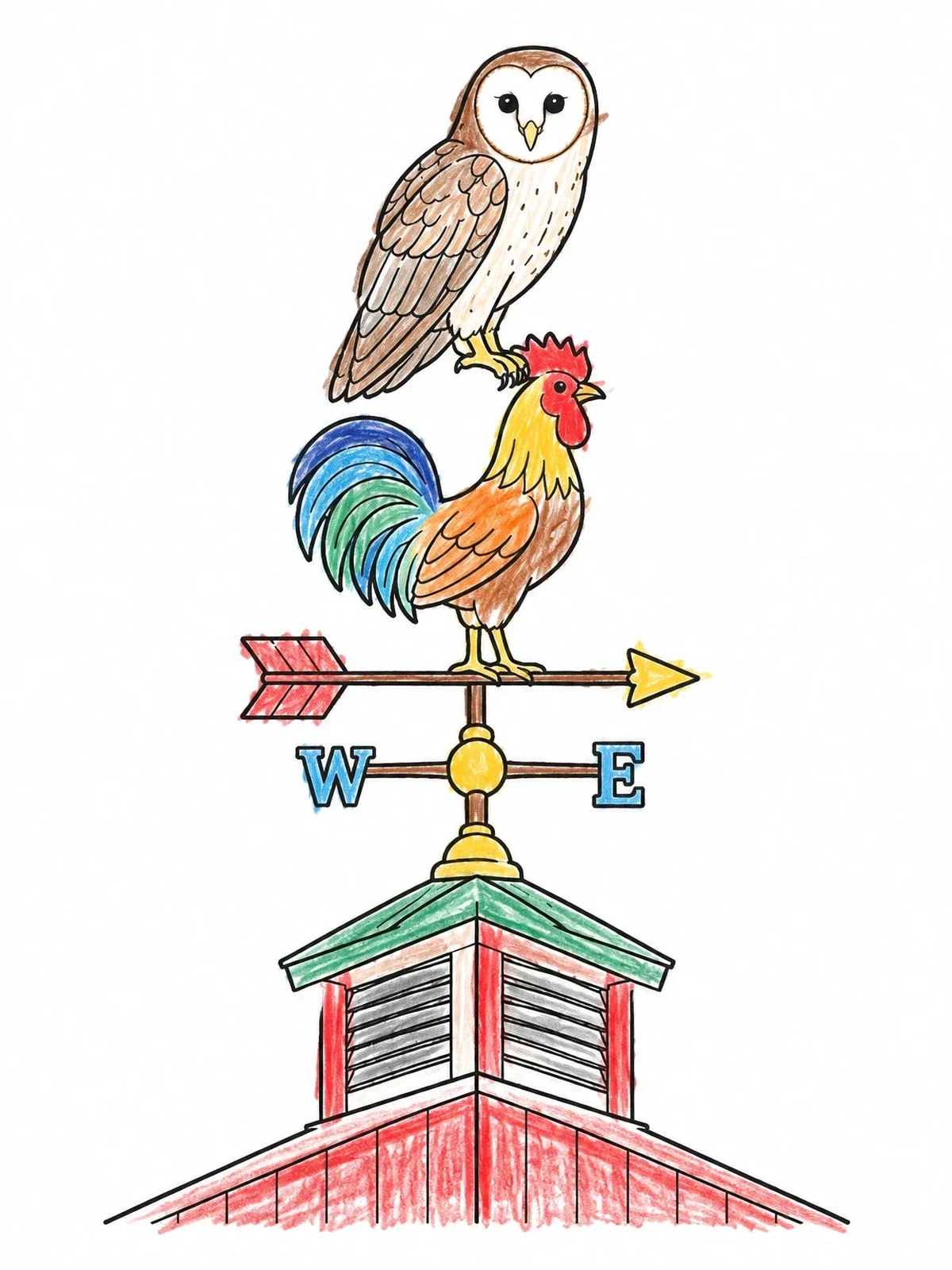 Colored example of the Barn Owl On Rooster Weather Vane coloring page