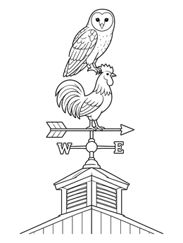 A barn owl perched atop a rooster weather vane on this barns coloring page.