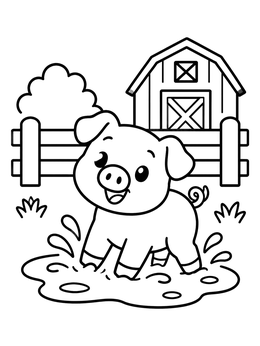 A happy pig splashes in mud near a fence on this barns coloring page.