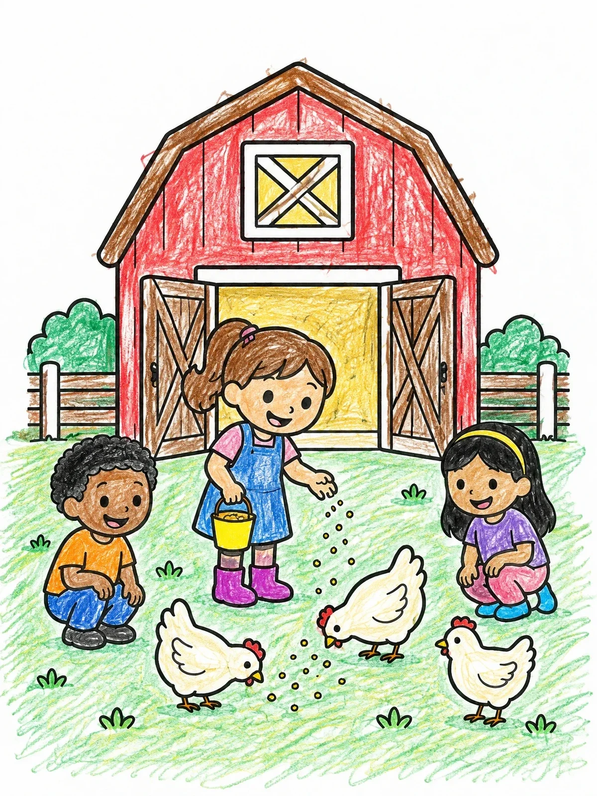 Colored example of the Children Feeding Chickens By The Barn coloring page