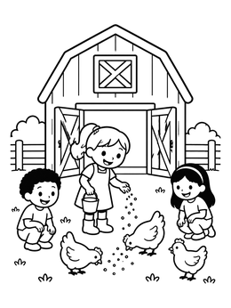 Children feed happy hens in this barns coloring page.