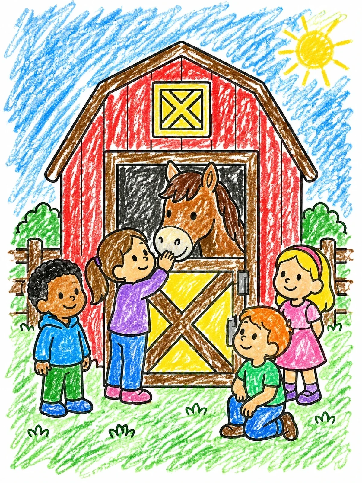 Colored example of the Children Visiting Barn Horse coloring page