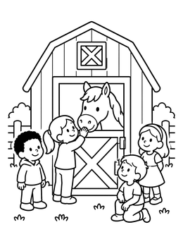 Free printable Children Visiting Barn Horse coloring page
