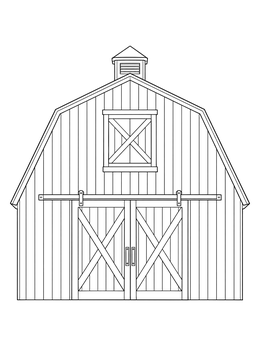 A symmetrical front view of a rustic barns coloring page with sliding doors.