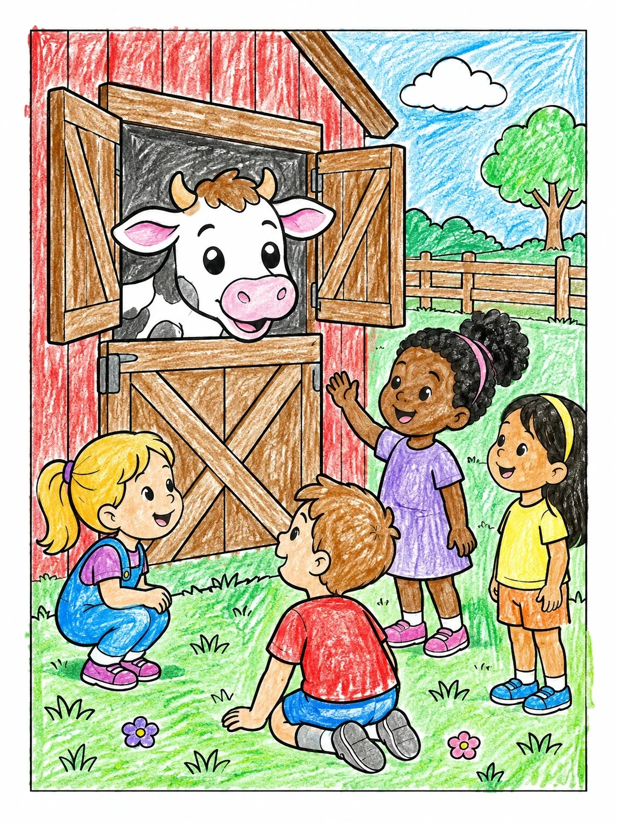 Colored example of the Friendly Cow And Visiting Children coloring page