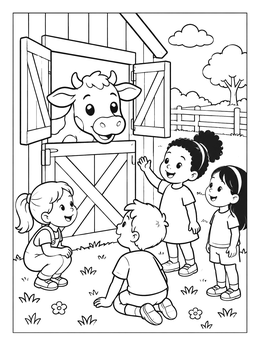 Children greeting a cute cow looking out of a stable door in this barns coloring page.