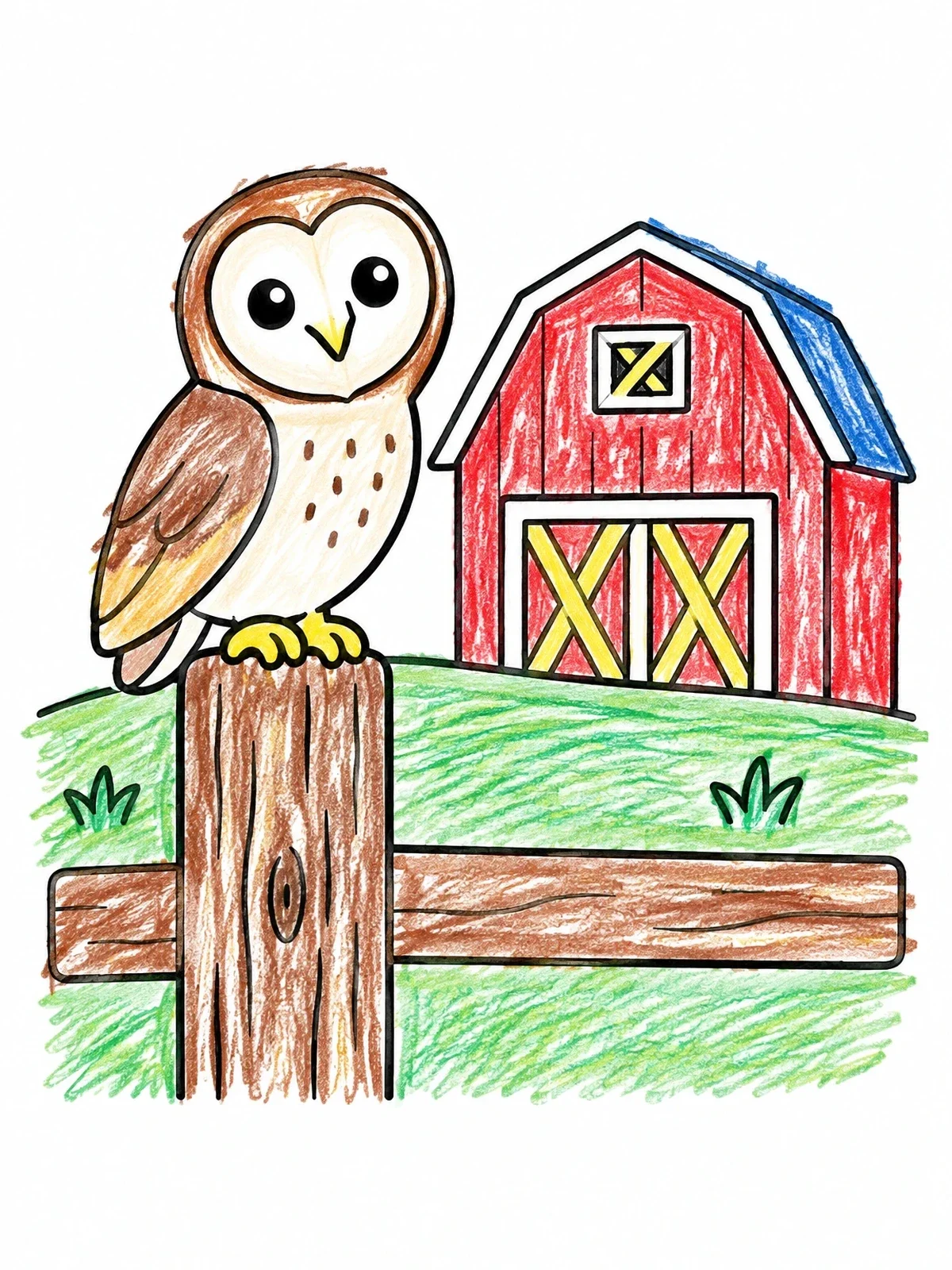 Colored example of the Cute Barn Owl On Fence Post coloring page