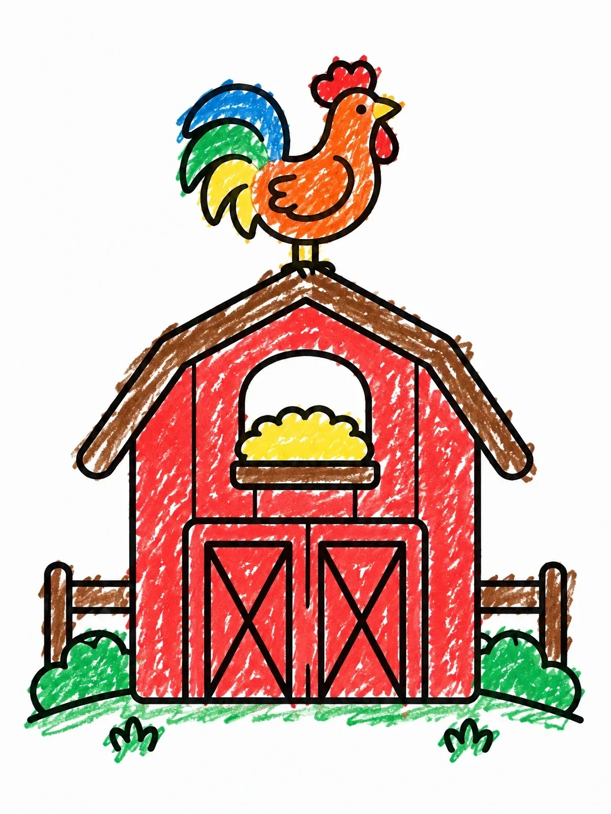 Colored example of the Cute Barn With Rooster On Top coloring page