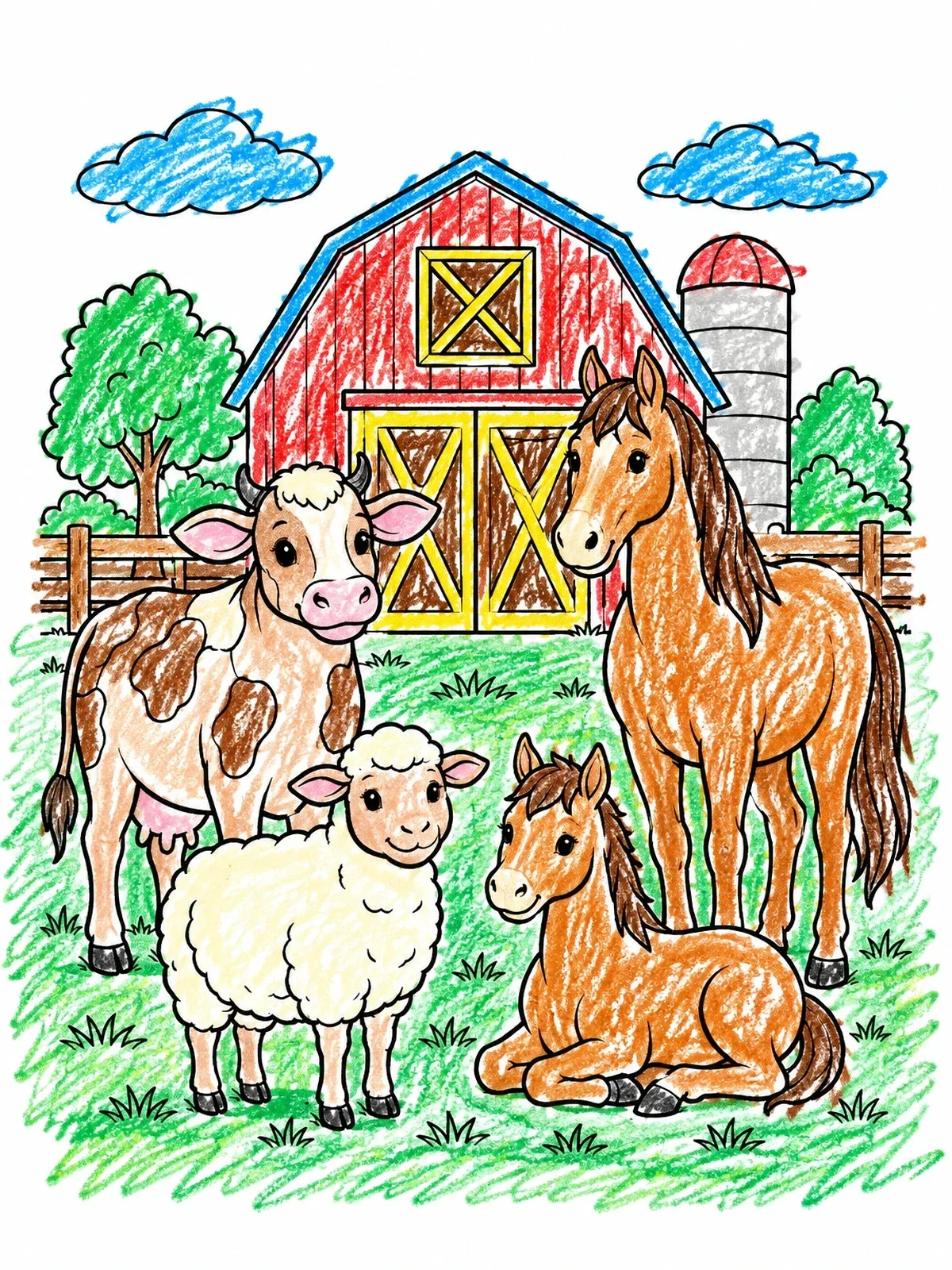 Colored example of the Friendly Farm Animals By The Barn coloring page