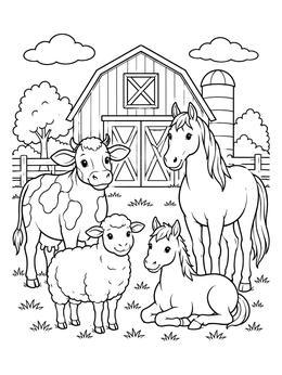 A cow, sheep, and horses stand in a meadow on this cute barns coloring page.