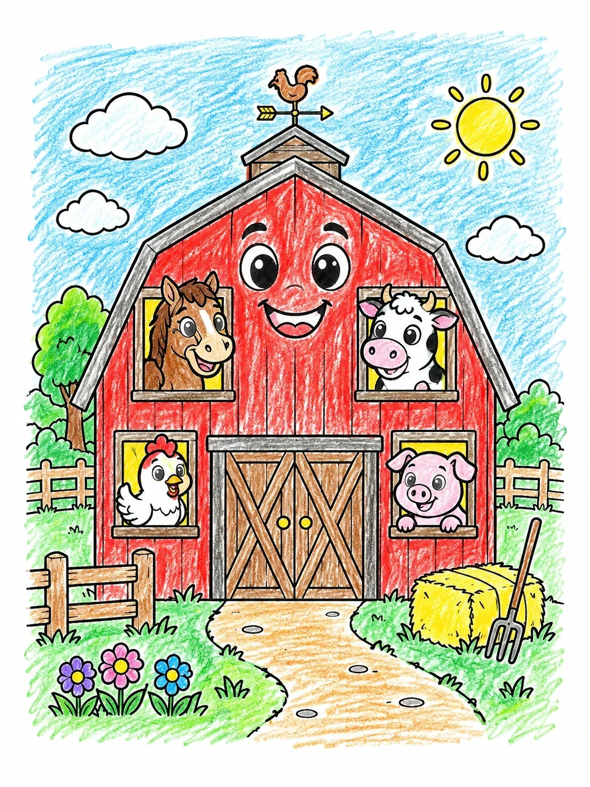 Colored example of the Happy Barn With Cute Animals coloring page