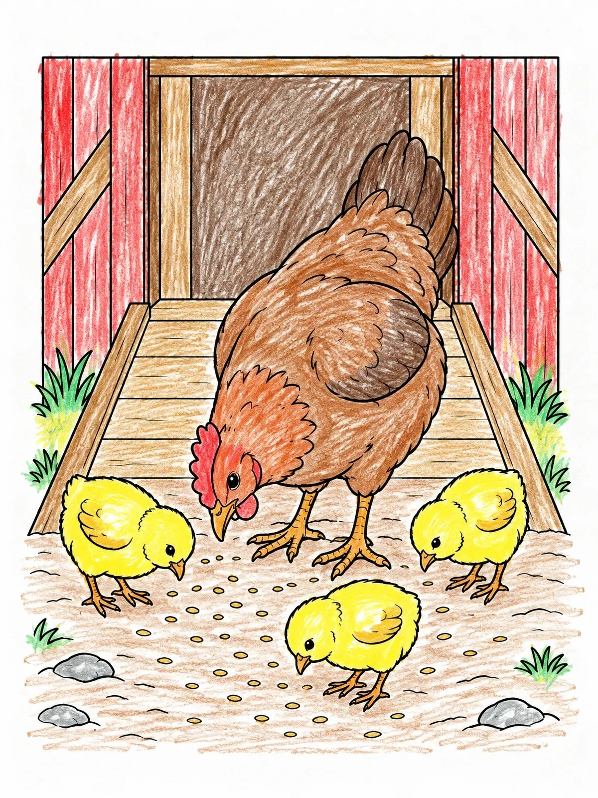 Colored example of the Hen And Chicks By Barn coloring page