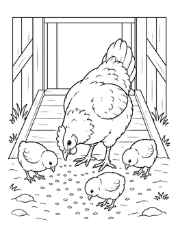 A mother hen and three chicks peck seeds in this barns coloring page.