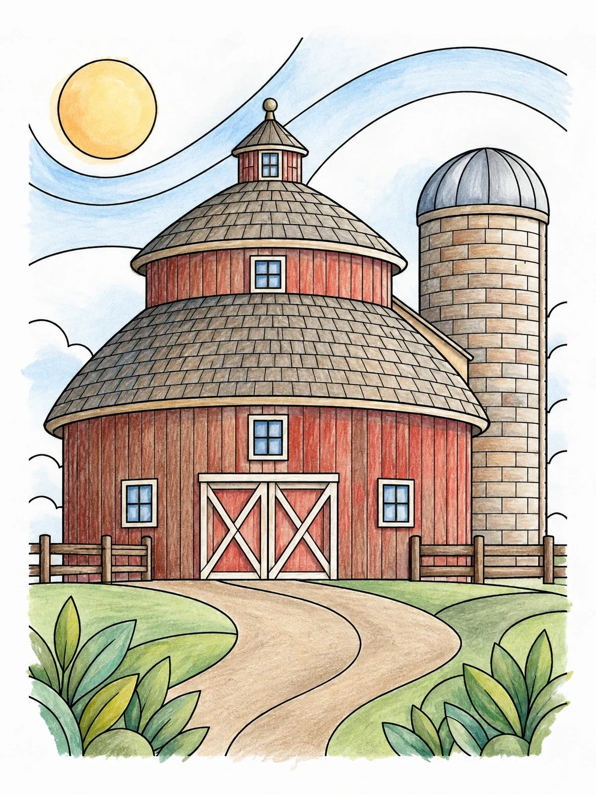 Colored example of the Historic Round Barn And Silo coloring page