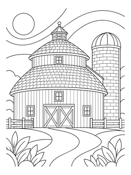 A detailed barns coloring page featuring a tiered round barn beside a tall silo under a sunny sky.